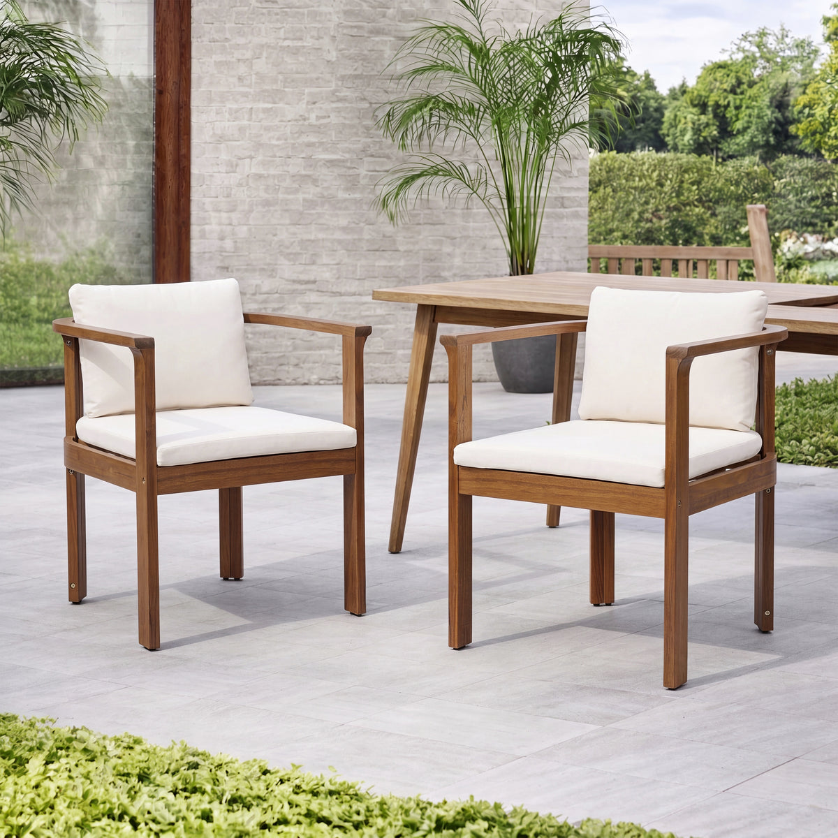 Outdoor Dining Chair Set of 2 with Curved Acacia Wood Arms