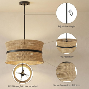 Wicker Boho Chandelier, 4-Light Coastal Rattan Pendant, 18-Inch Hand Woven, Beige