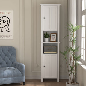Wooden Bathroom Floor Storage Cabinet With 2 Doors And 6 Shelves - White