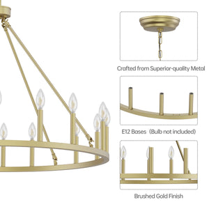 16-Light Wagon Wheel Chandelier, 39.3-Inch, Gold Metal Candle-Style