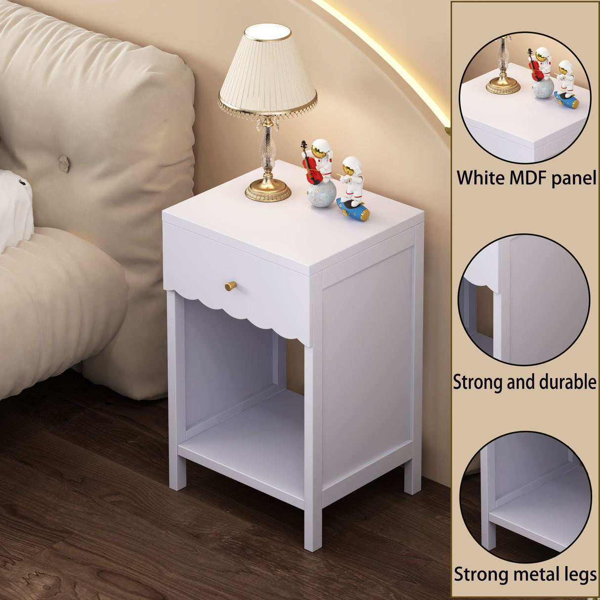 Nightstand With Drawer And Open Shelf, Scalloped Edge Bedside Table