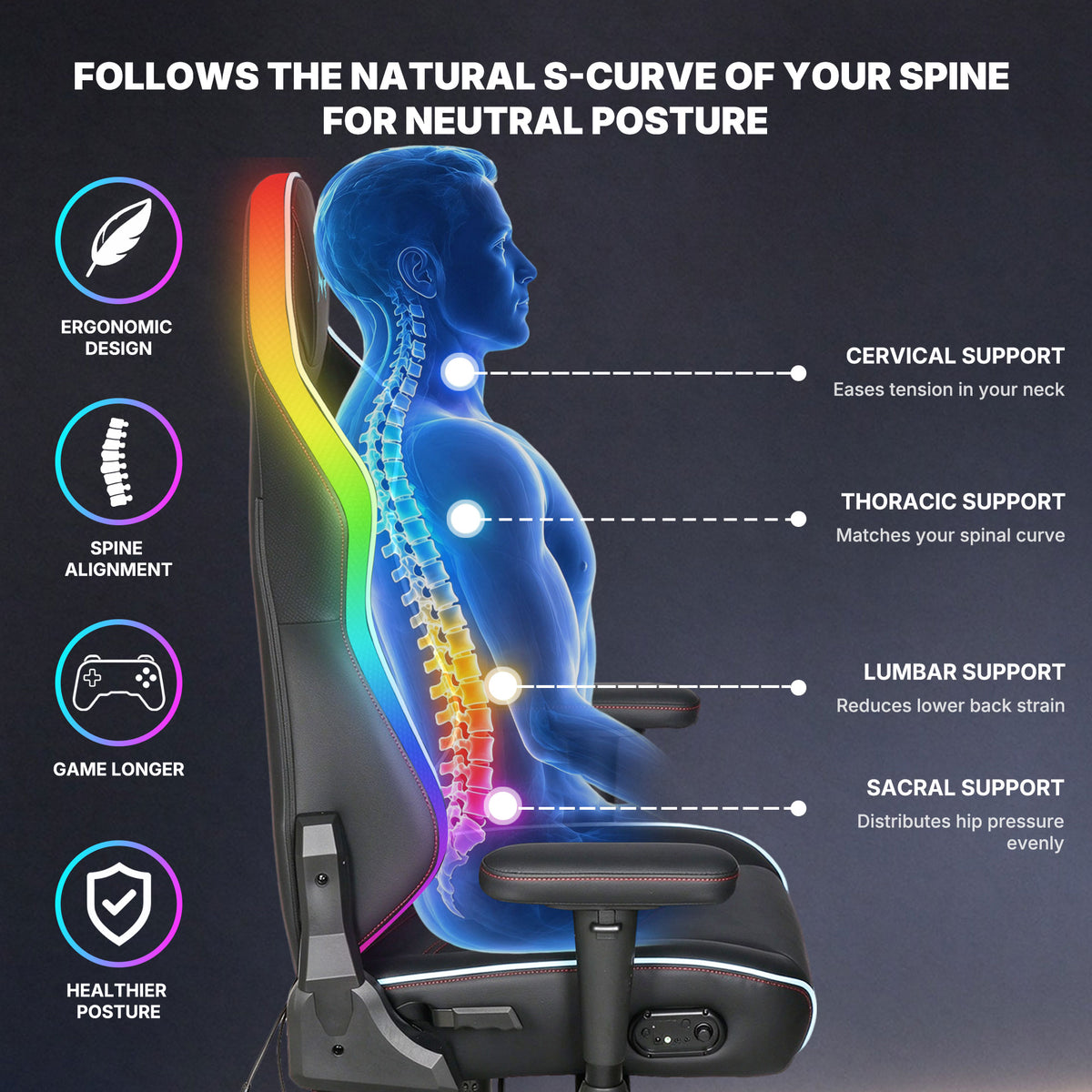 NoxRoc Pedestal Gaming Chair with Built-In Speakers and RGB Lights, Black