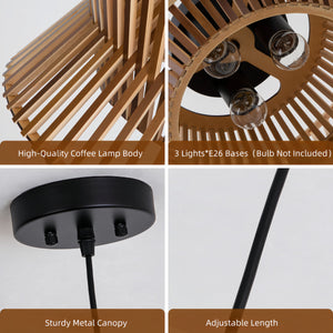5-Light Dimmable Solid Wood Drum Chandelier, Antique Natural or Black