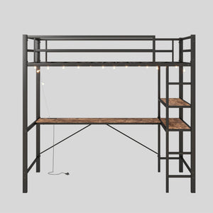Space Saving Twin Size Loft Bed With L Shaped Desk, Shelves, Charging Station, Led Lights - Brown