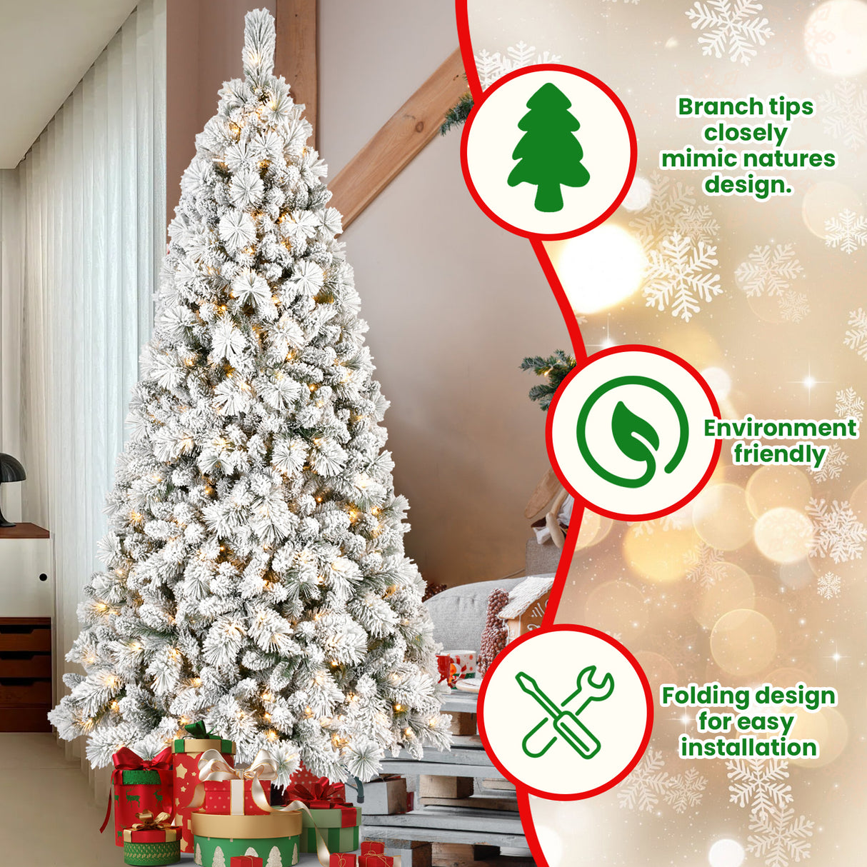 8FT Flocked Christmas Tree with 600 Warm Lights