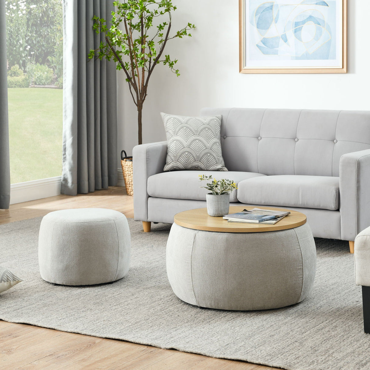 Round Storage Ottoman, 2 In 1 Function, End Table And Ottoman