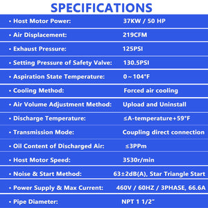 50HP Rotary Screw Air Compressor, 219CFM, 125PSI, 460V 3-Phase