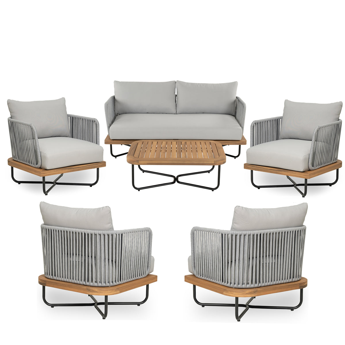 Lucca Outdoor 6-Pieces Acacia Wood and Rope Woven Patio Conversation Set