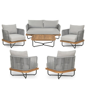 Lucca Outdoor 6-Pieces Acacia Wood and Rope Woven Patio Conversation Set