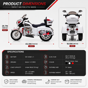 12V Kids Ride On Motorcycle, Electric Toddler Motorcycle Toy with LED Lights, Wireless Music, Large Storage Trunk, Soft PU Seat, Forward & Reverse, Rechargeable Electric Vehicle for 3-6 Years Old