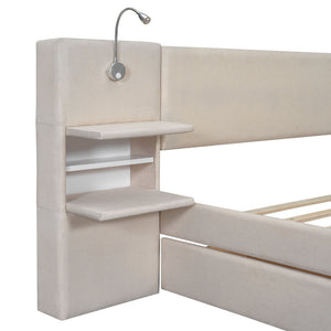 Upholstered Platform Bed With Reading Lights, Drawers, Trundle And Shelves