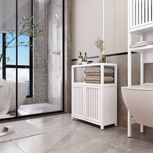 Bamboo Large Capacity Storage Cabinet With Shelves For Bathroom And Living Room - White