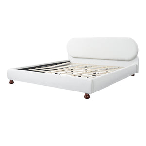 Cream-Colored Boucle Upholstered Bed with Rubber Wood Foot, King