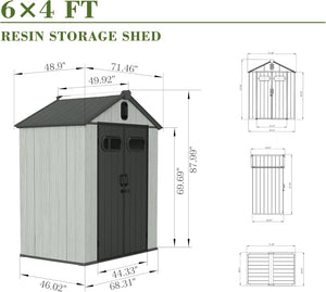 6x4FT Outdoor Resin Storage Shed with Transparent Windows & Louvered Vents