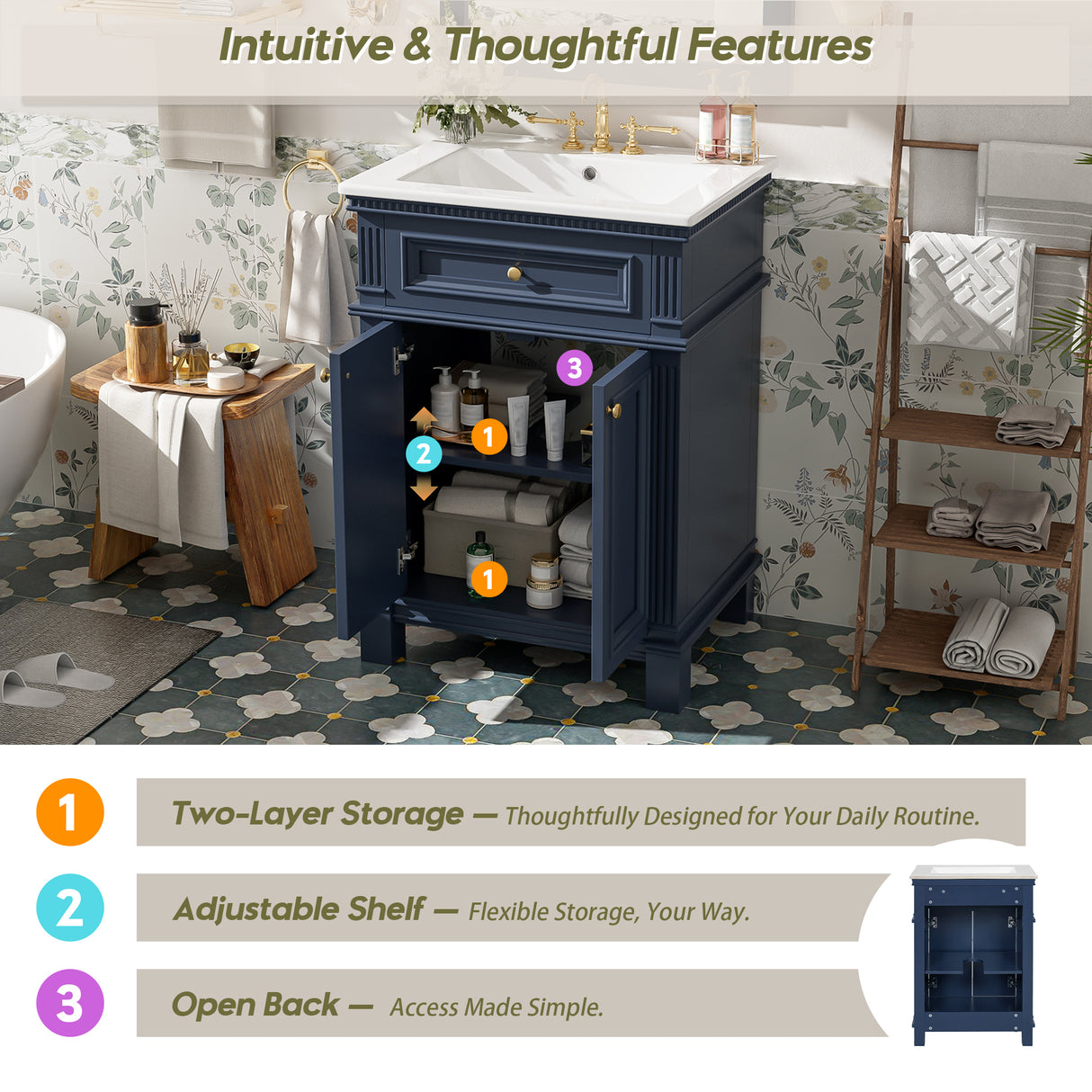 24'' Vintage Elegance Bathroom Cabinet with Ceramic Sink