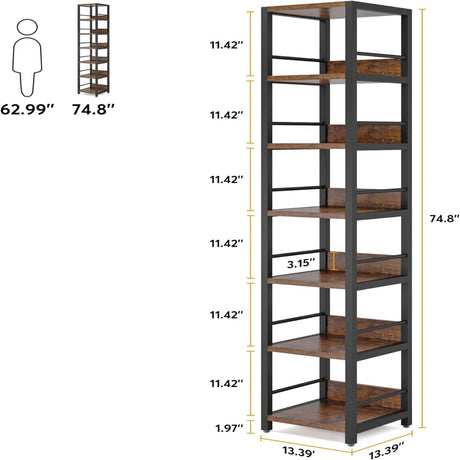 Tall 6 Tier Corner Shelf, Narrow Bookshelf Storage Rack, Rustic Brown