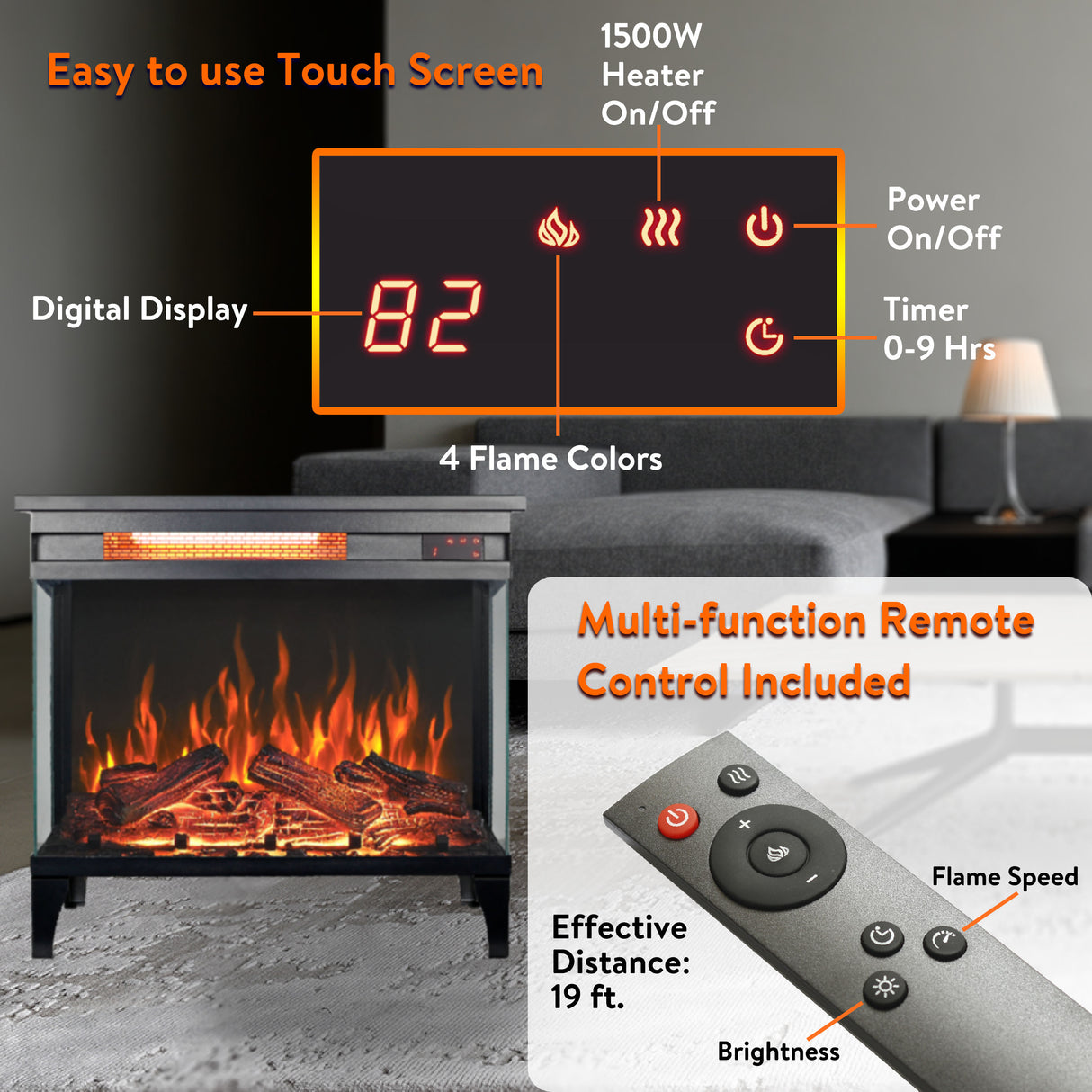 24 Inch Three-Sided Glass Electric Fireplace