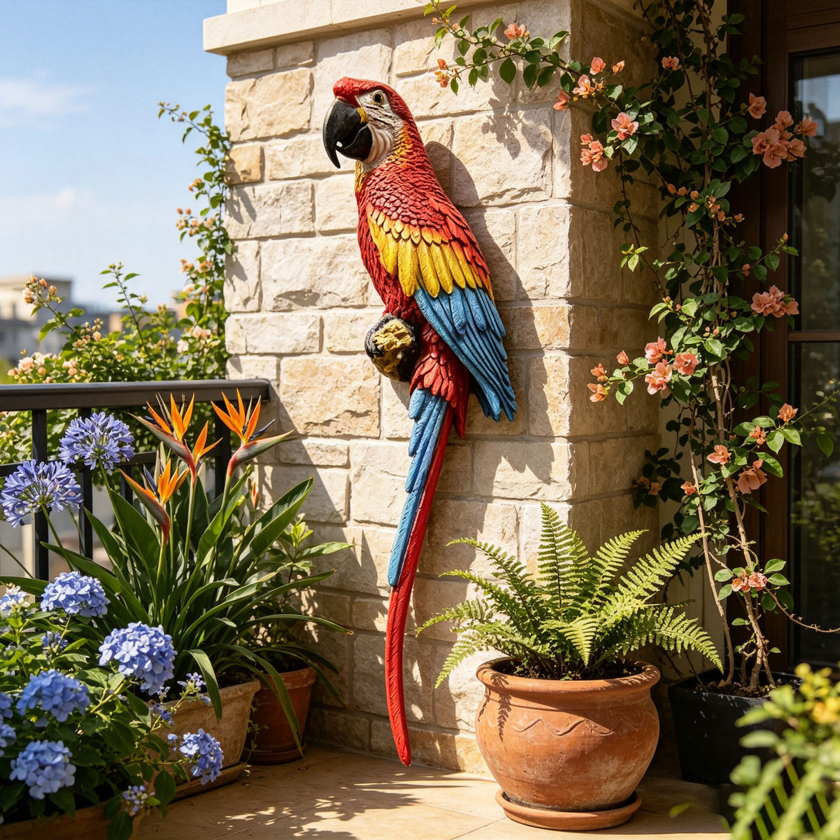 Hanging Scarlet Macaw Parrot Statue, 38'' Lifelike Hand-Painted Resin Bird Figurine Weatherproof Outdoor Tropical Sculpture for Porch, Balcony, Tree & Patio Garden Yard Decor, Cute Animal Ornament Gi