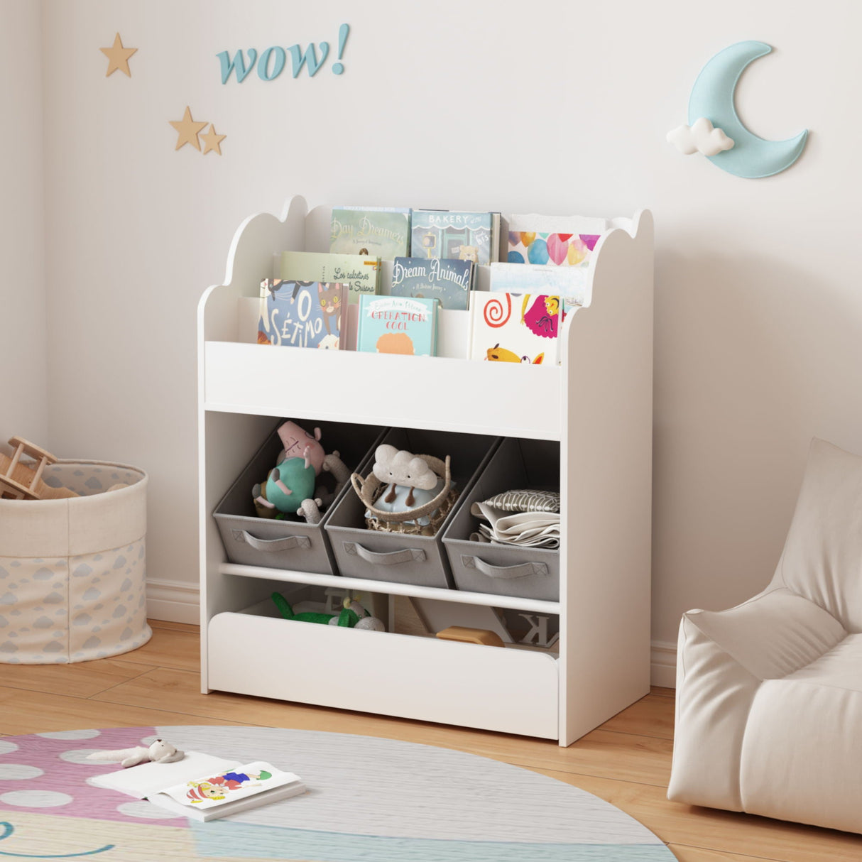 Bookshelf With Storage Bins And Drawer, Multi-Functional Book Organizer For Toddlers - White