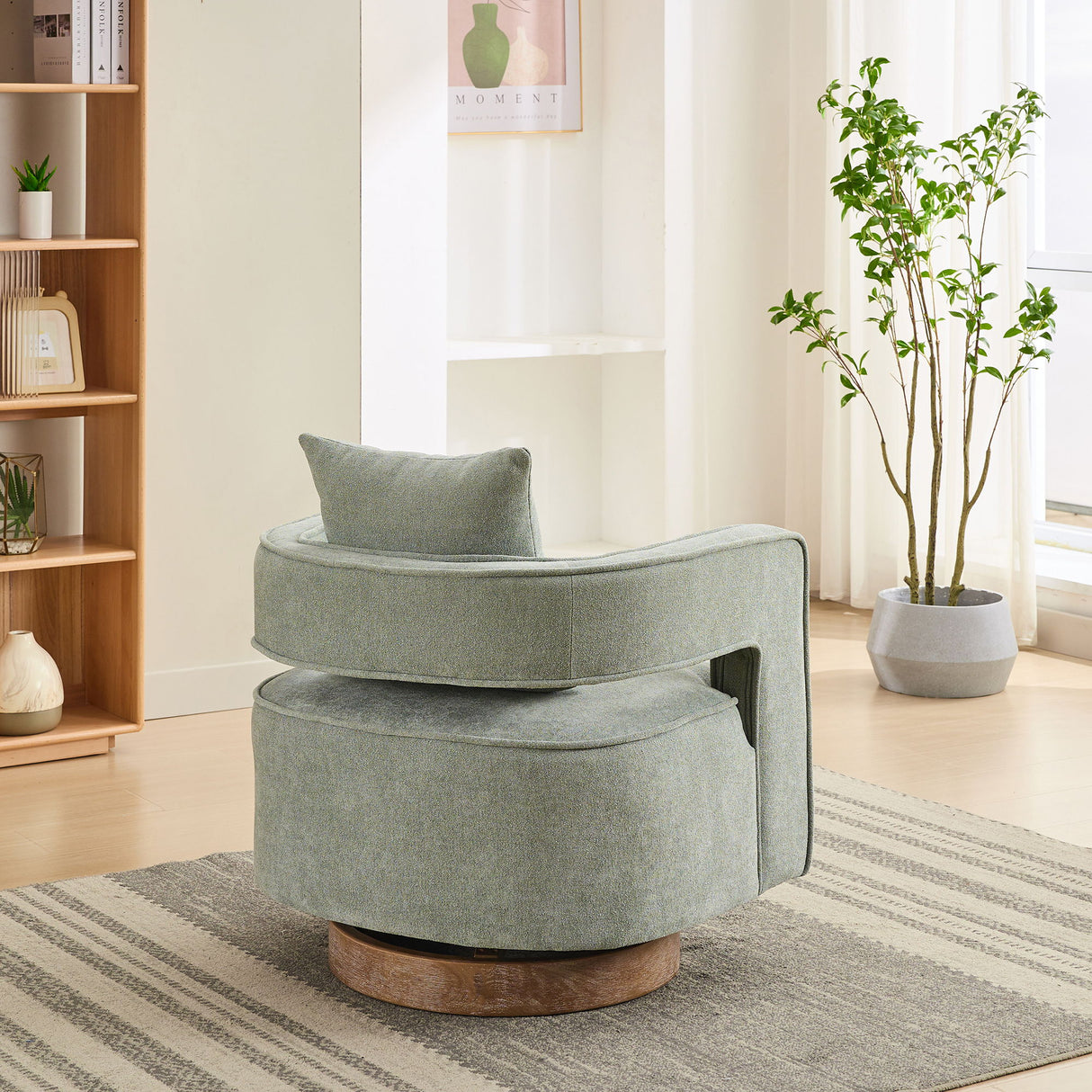 Swivel Accent Open Back Barrel Chair With Weathered Base