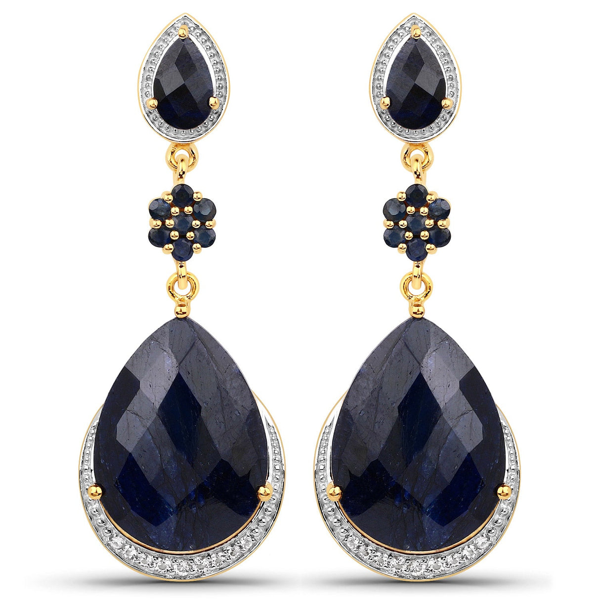 30.04 Carat Dyed Sapphire, Blue Sapphire and White Topaz .925 Sterling Silver Earrings