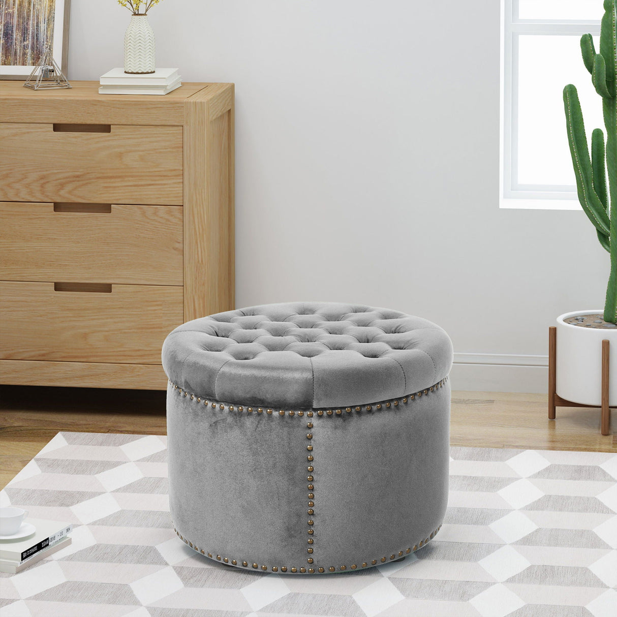 Elegant Round Ottoman Footstool With Studded Rim - Best Buy Furniture