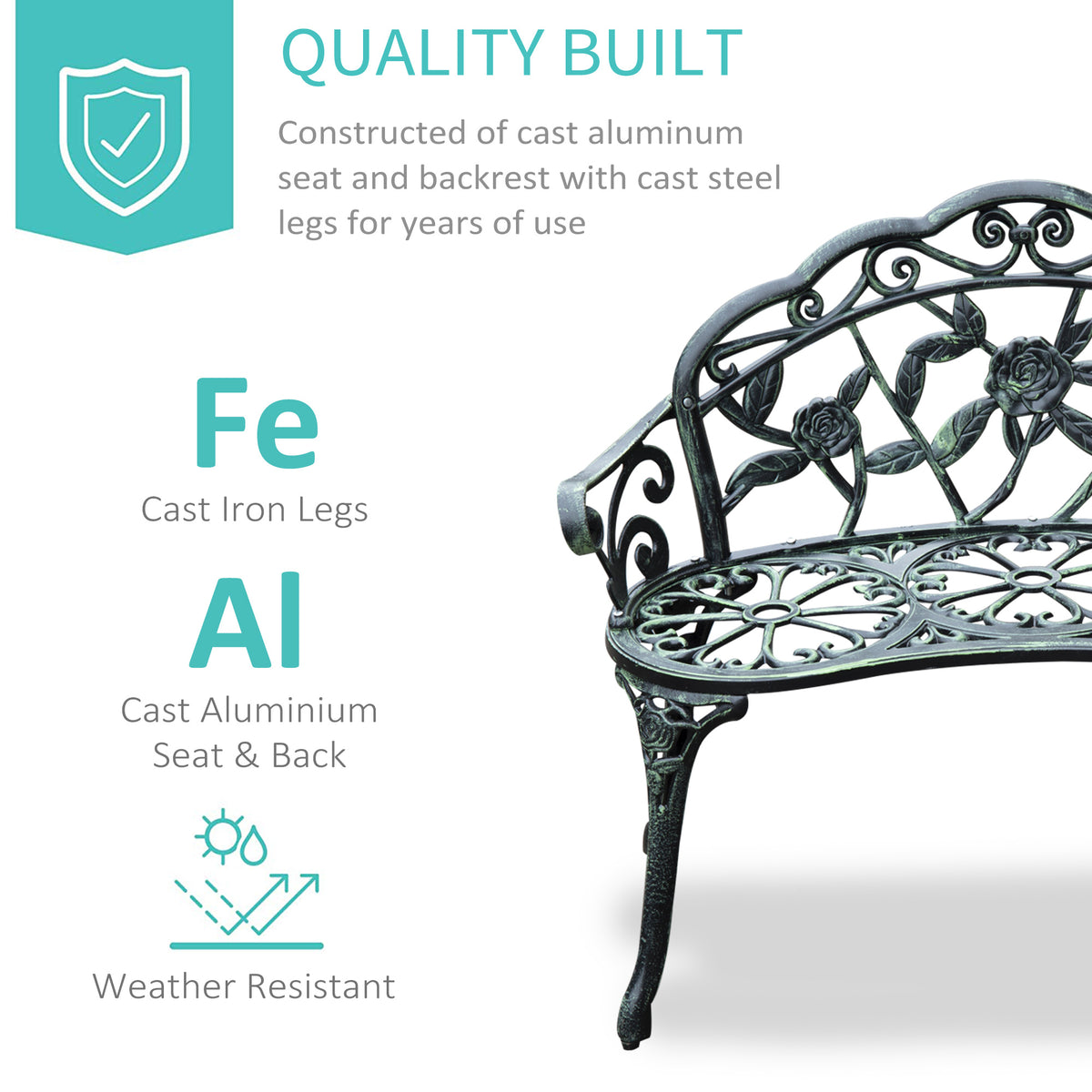 Outsunny Cast Aluminum Outdoor Bench, Green, Floral Rose Accent