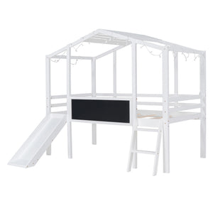 Loft House Bed With Ladder And Slide, With board And Light Strip On The Roof