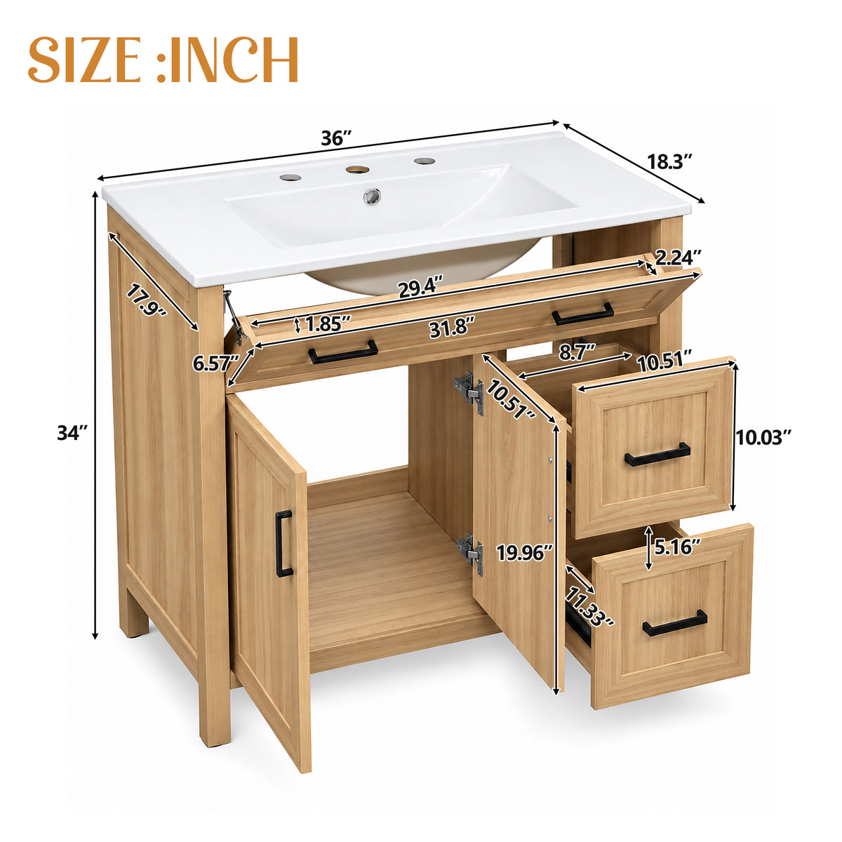 36-Inch Bathroom Vanity with Ceramic Sink, Soft-Close Doors and Drawers