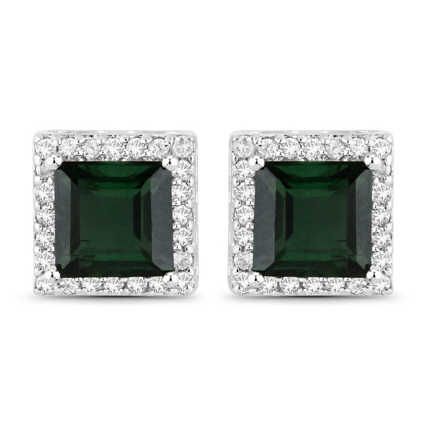 1.55 Carat Genuine Green Tourmaline and White Diamond 14K White Gold Earrings