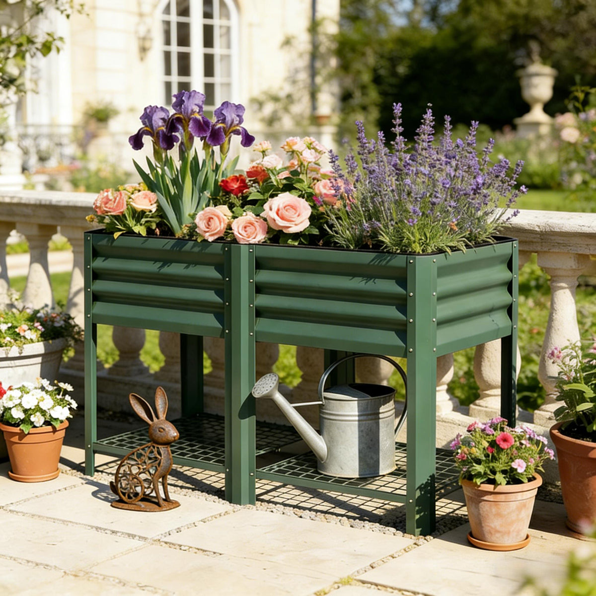 Outdoor Elevated Planter Box with Storage Shelf - Green