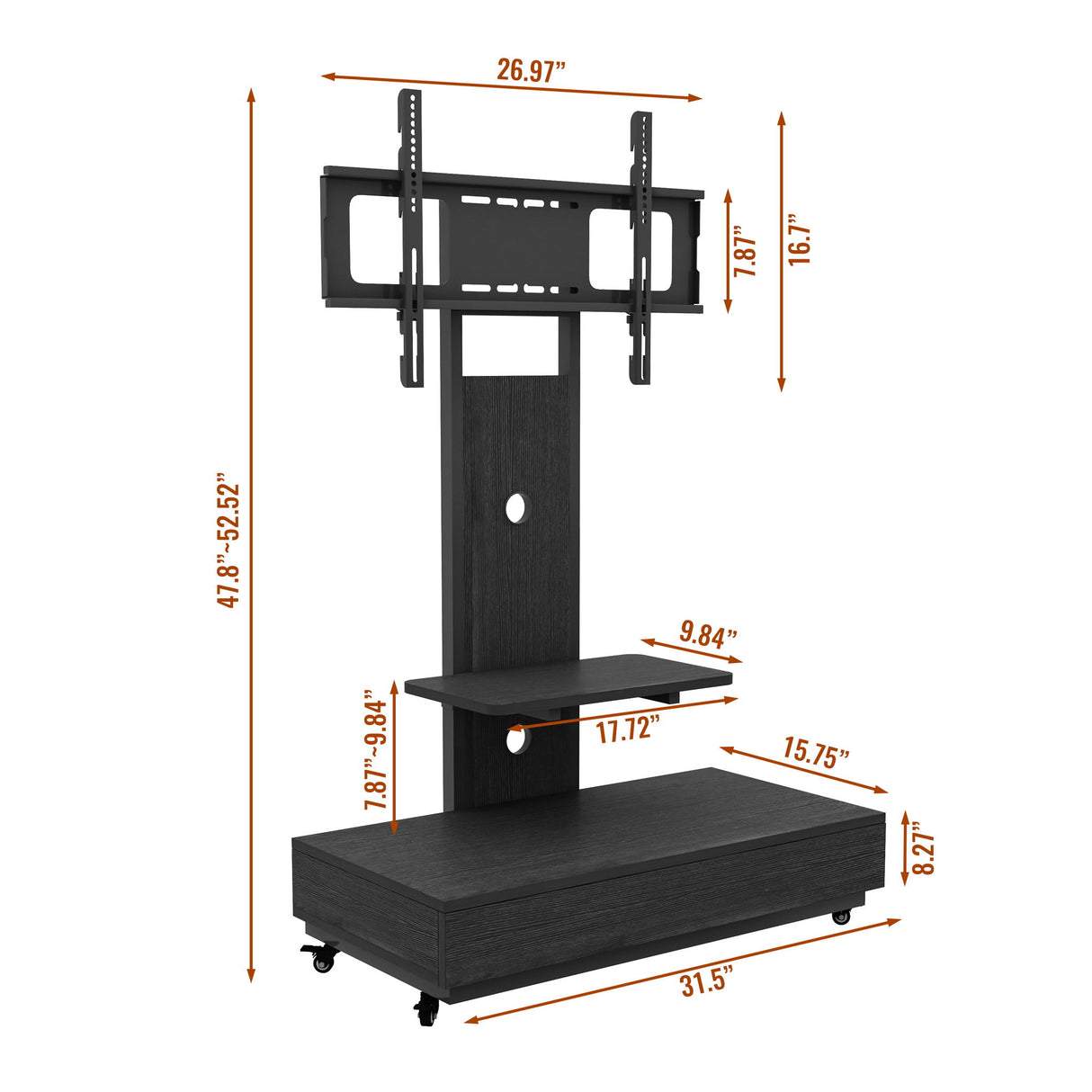 Mobile TV Cart With Push Pull Drawer, Lockable Wheels