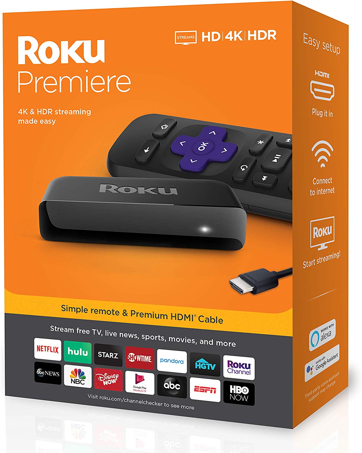 Roku Premiere HD/4K/HDR Streaming Media Player Simple Remote and Premium HDMI Cable