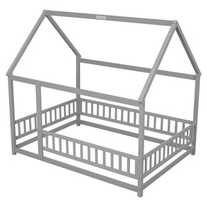 Floor Wooden Bed With House Roof Frame, Fence Guardrails