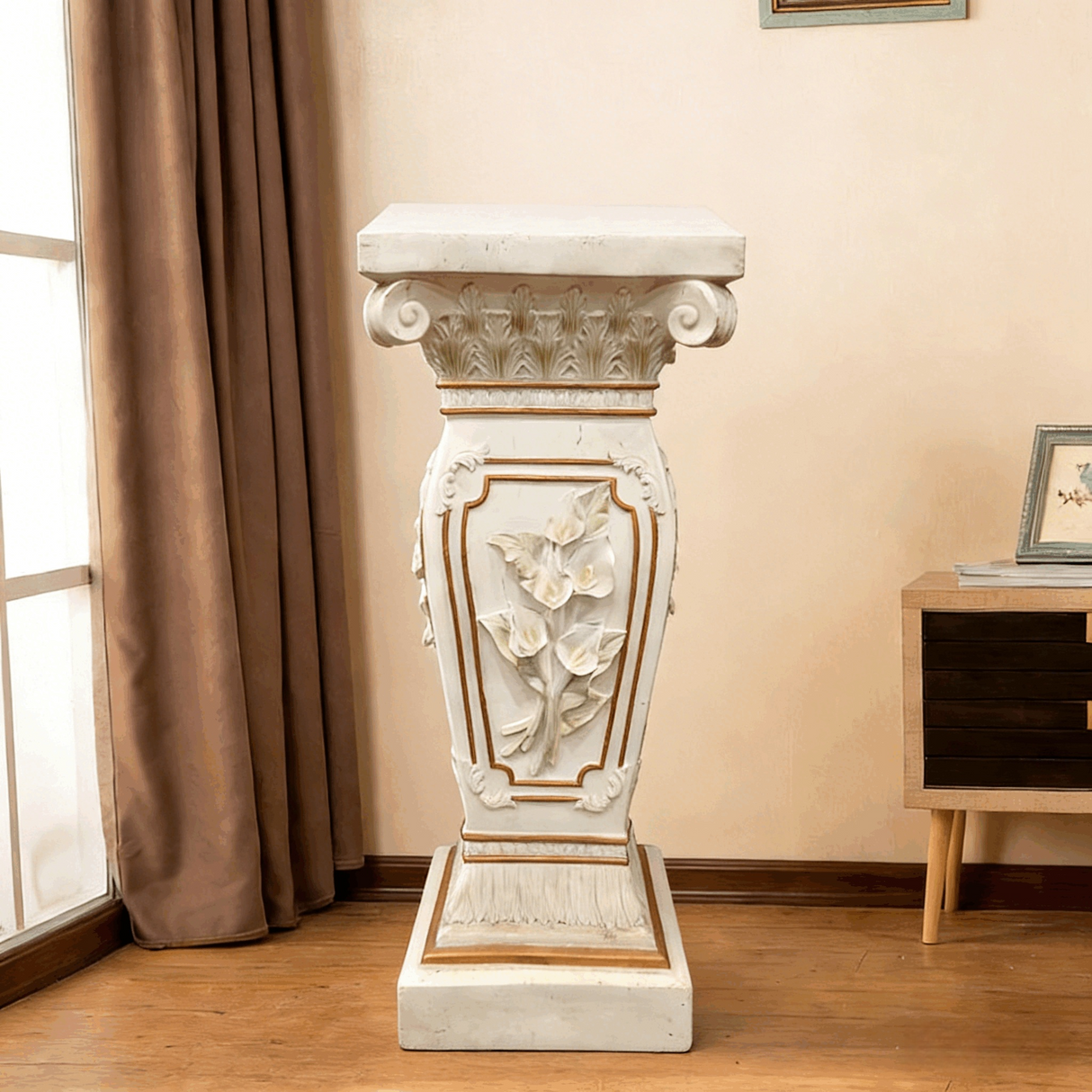 22.05" H x 9.06" W European Style Floral Carved Roman Column Pedestal