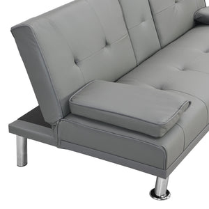 Sofa Bed With Armrest Two Holders Wood Frame, Stainless Leg Futon - Gray