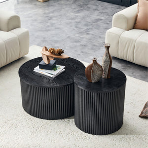 2-Piece Nesting Coffee Table Set, Roman Column Design MDF Round Tables with Built-in Storage