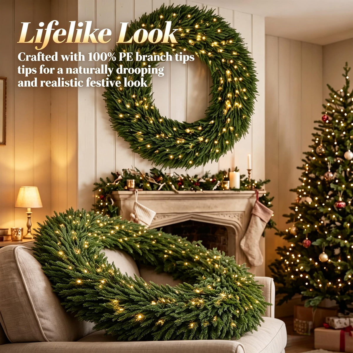 48 In Artificial Norfolk Pine Christmas Wreath, Pre-Lit