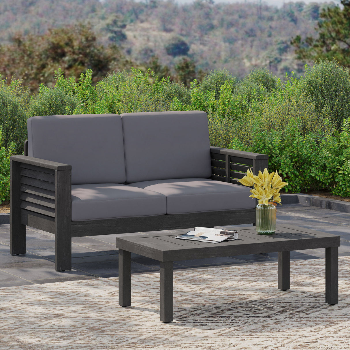 Acacia Wood Loveseat And Coffee Table Set With Cushions