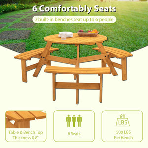 6 Person Circular Outdoor Wooden Picnic Table For Patio, Backyard, Garden, Diy With 3 Built-In Benches, 1720Lb Capacity