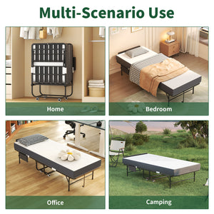 Twin Folding Bed With Adjustable Headboard & Memory Foam, Space Saving Rollaway Guest For Tall People, Portable On Wheels, Easy Assembly - Black