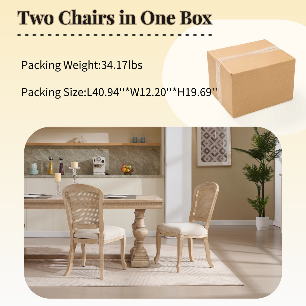 French Country Dining Chairs Set of 2, Upholstered with Rattan Fan-shaped Back