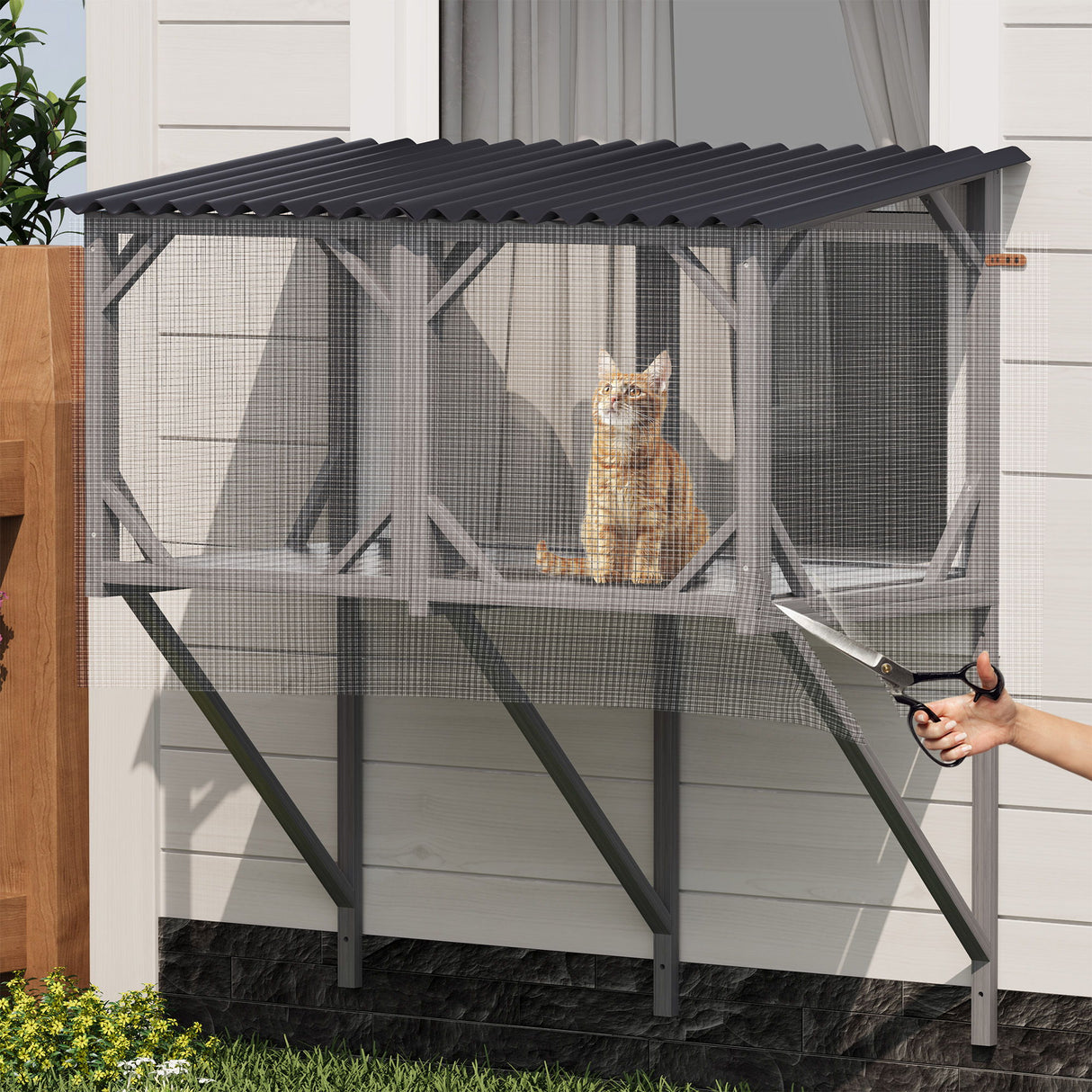 Premium Cat Window Box With Bug Proof Net For Large Indoor Cats Spruce Wood & Polyester - Antique Gray