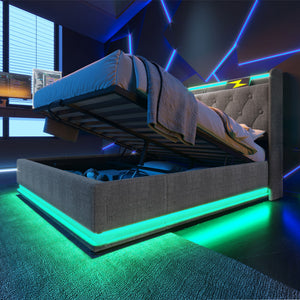 Upholstered Bed, 360 Surround LED Function, Remote Control, Hydraulic Storage Bed With USB, Type-C Charging (Without Mattress)