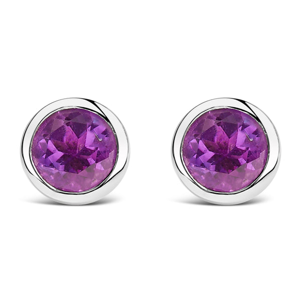.925 Sterling Silver 6MM Bezel Set Created Purple Amethyst Solitaire Stud Earrings