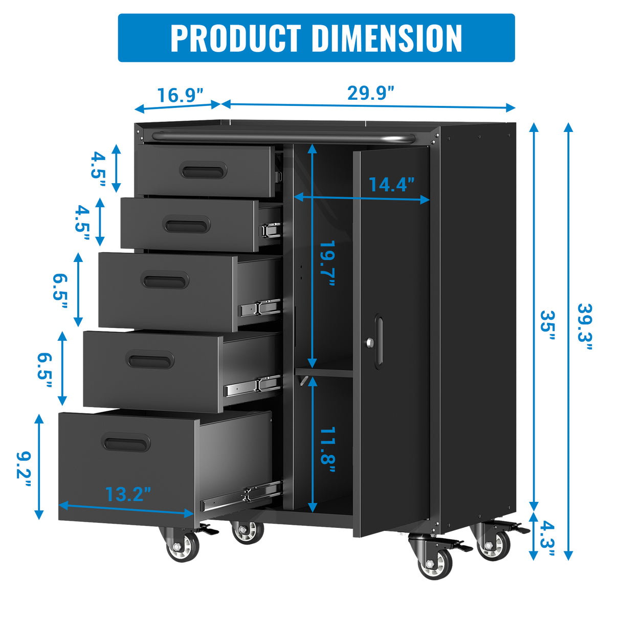 Metal Tool Garage Storage Cabinet with 5 Drawers and 1 Door