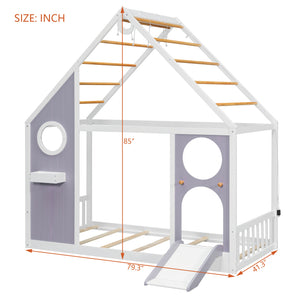 Twin House Bed with Slide and Light Strip
