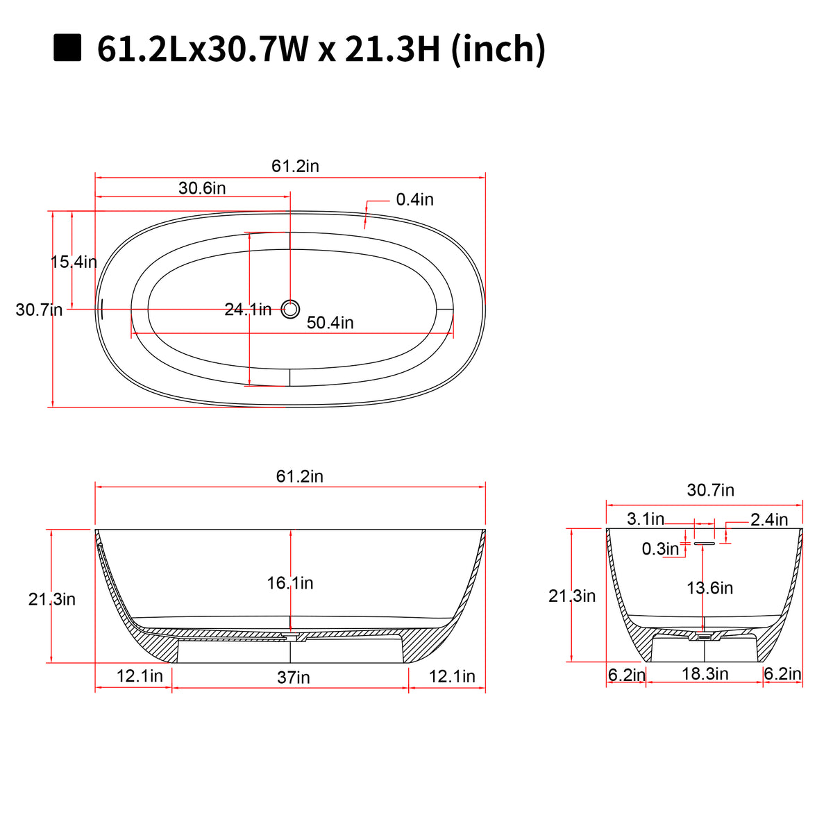 61'' Freestanding Bathtub with Overflow and Pop-up Drain