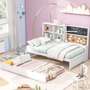 Twin Size Daybed With Storage Shelvesboard, Cork Board, USB Ports And Trundle - White