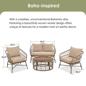 Bohemia-Inspired 4 Person Outdoor Seating Group With Removable Cushions, Conversation Patio Set With Wood Tabletop - Beige